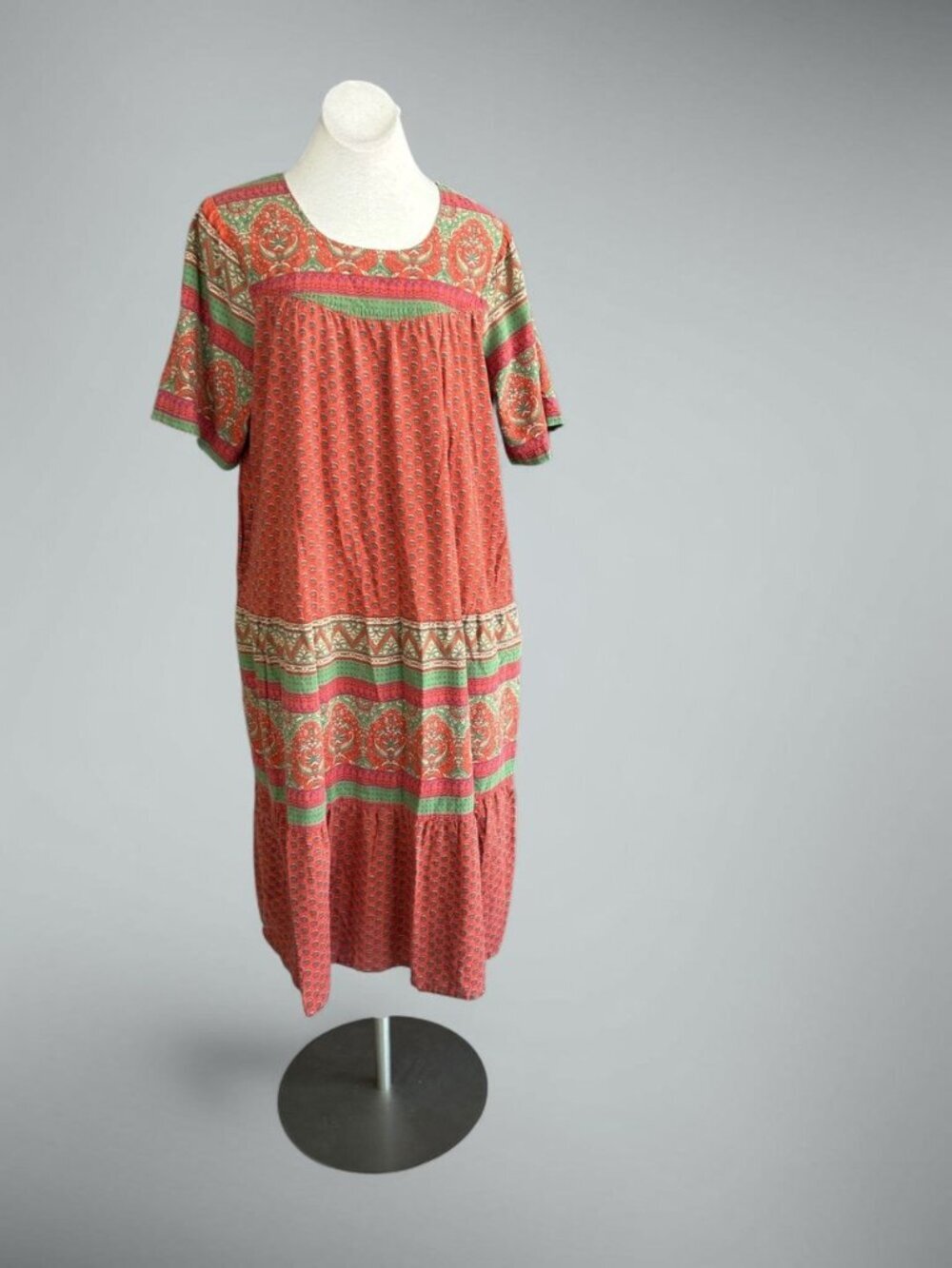 La Cera Vintage Orange Indian Block Print Muumuu Caftan Size XL